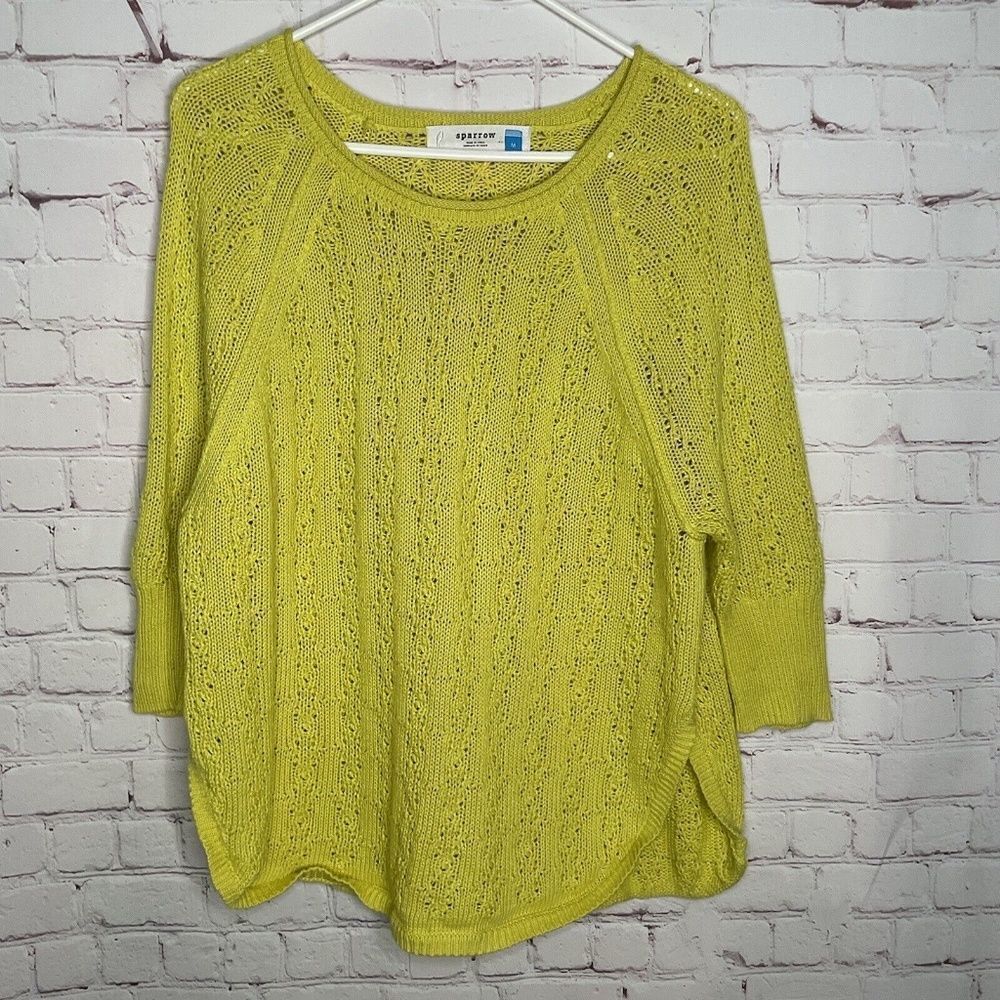 Anthropologie Sparrow Crewneck Sweater Women Size M Neon Yellow 100% Cotton Knit